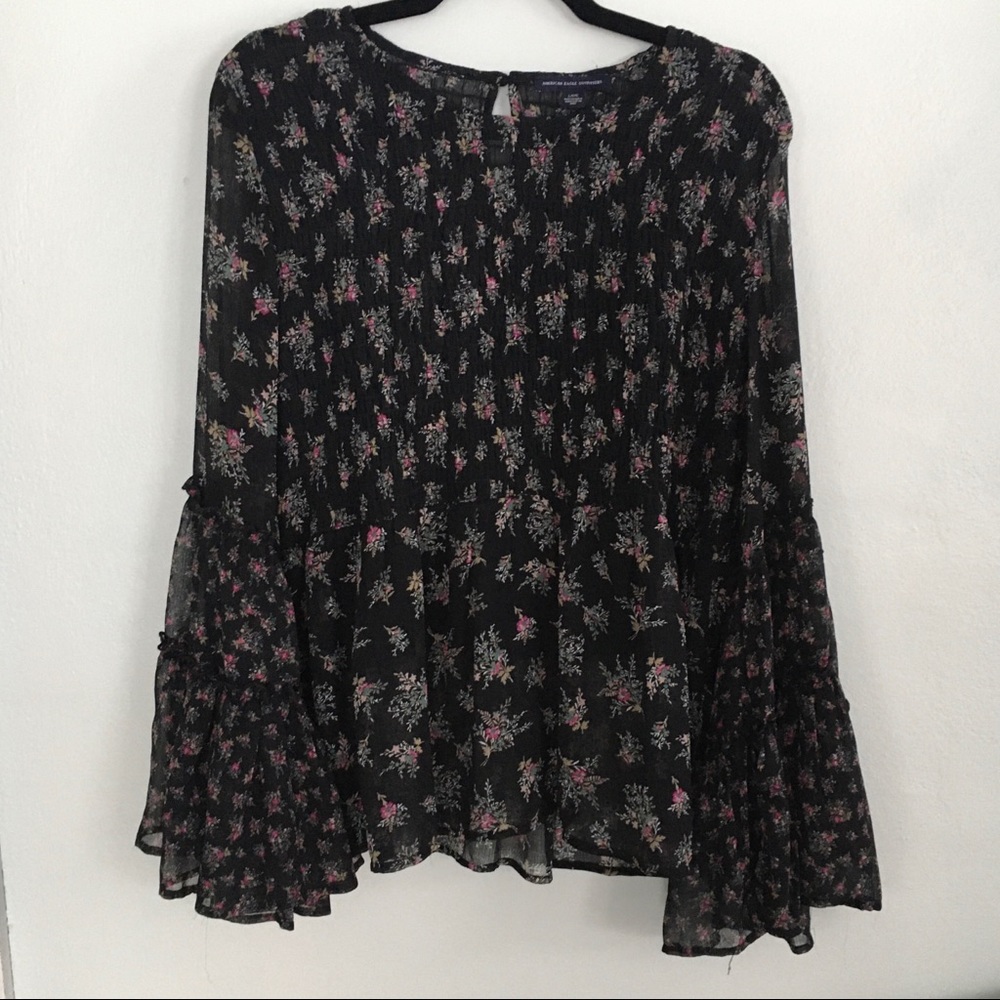 Black Floral Bell Sleeve Top